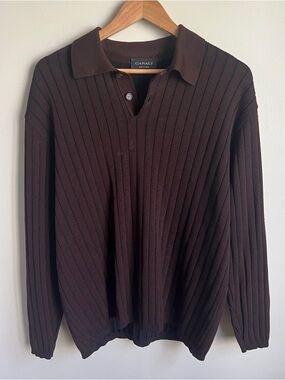 Canali Men’s Brown 100% Merino Extrafine Wool Long-Sleeve Polo Henley Sweater